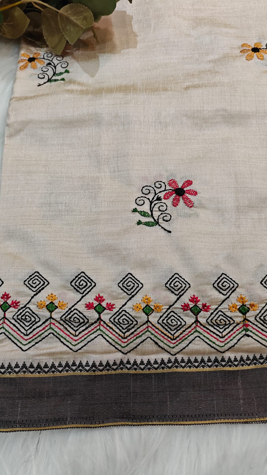 Off White Semi Tussar Silk With Red Yellow & Black Kantha Embroidery Work