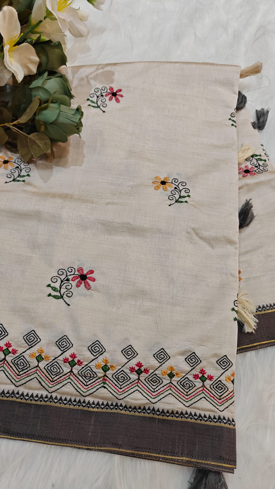 Off White Semi Tussar Silk With Red Yellow & Black Kantha Embroidery Work