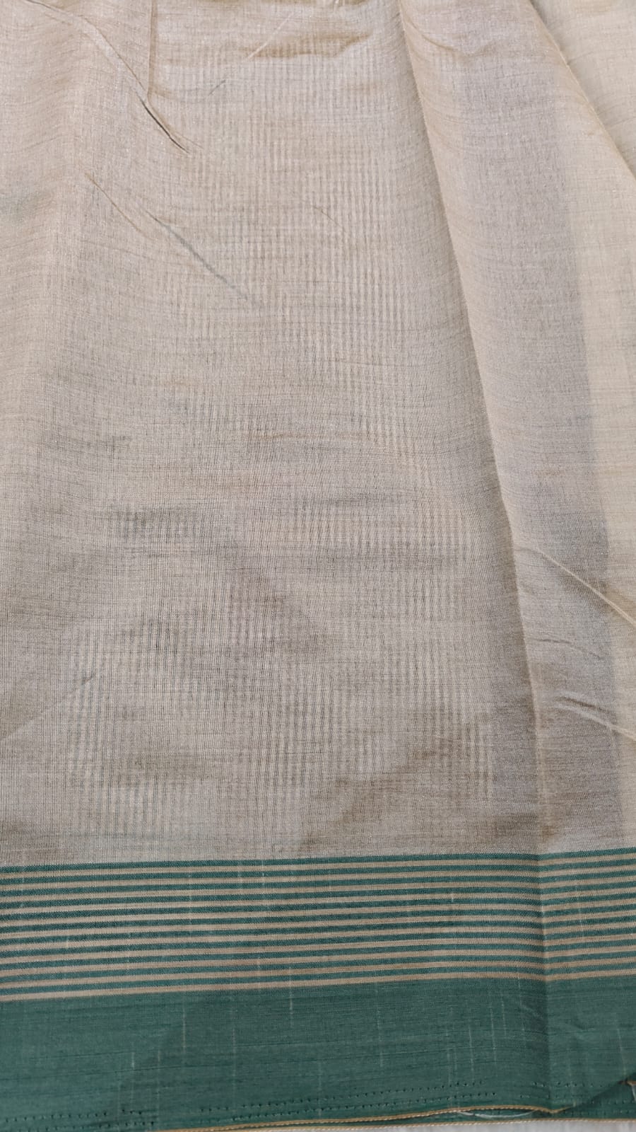 Pearl White Semi Tussar Silk With Peacock Green & Black Kantha Embroidery Work