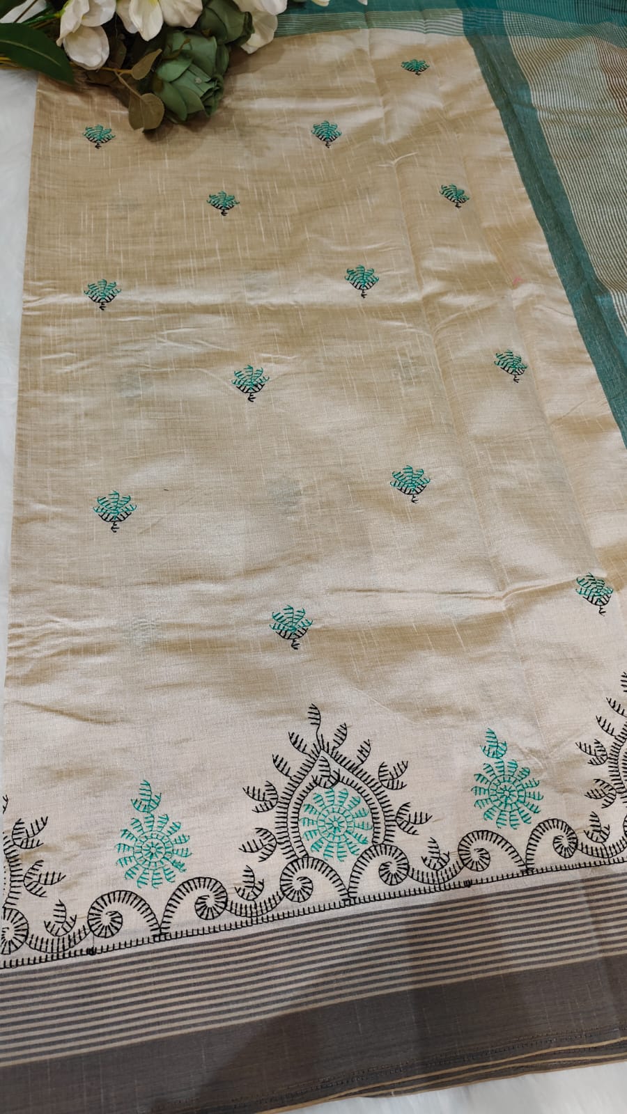 Pearl White Semi Tussar Silk With Peacock Green & Black Kantha Embroidery Work