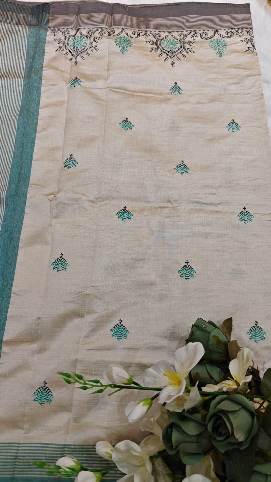 Pearl White Semi Tussar Silk With Peacock Green & Black Kantha Embroidery Work