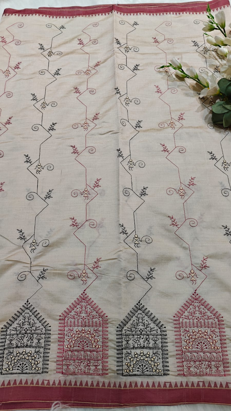 Pearl White Semi Tussar Silk With Red & Black Kantha Embroidery Work