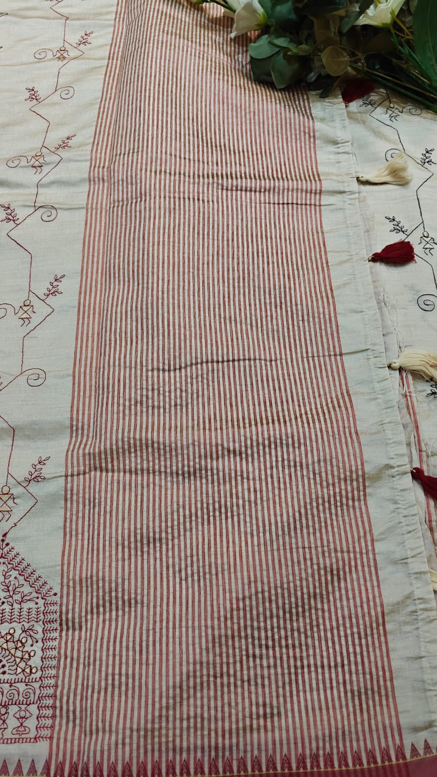 Pearl White Semi Tussar Silk With Red & Black Kantha Embroidery Work