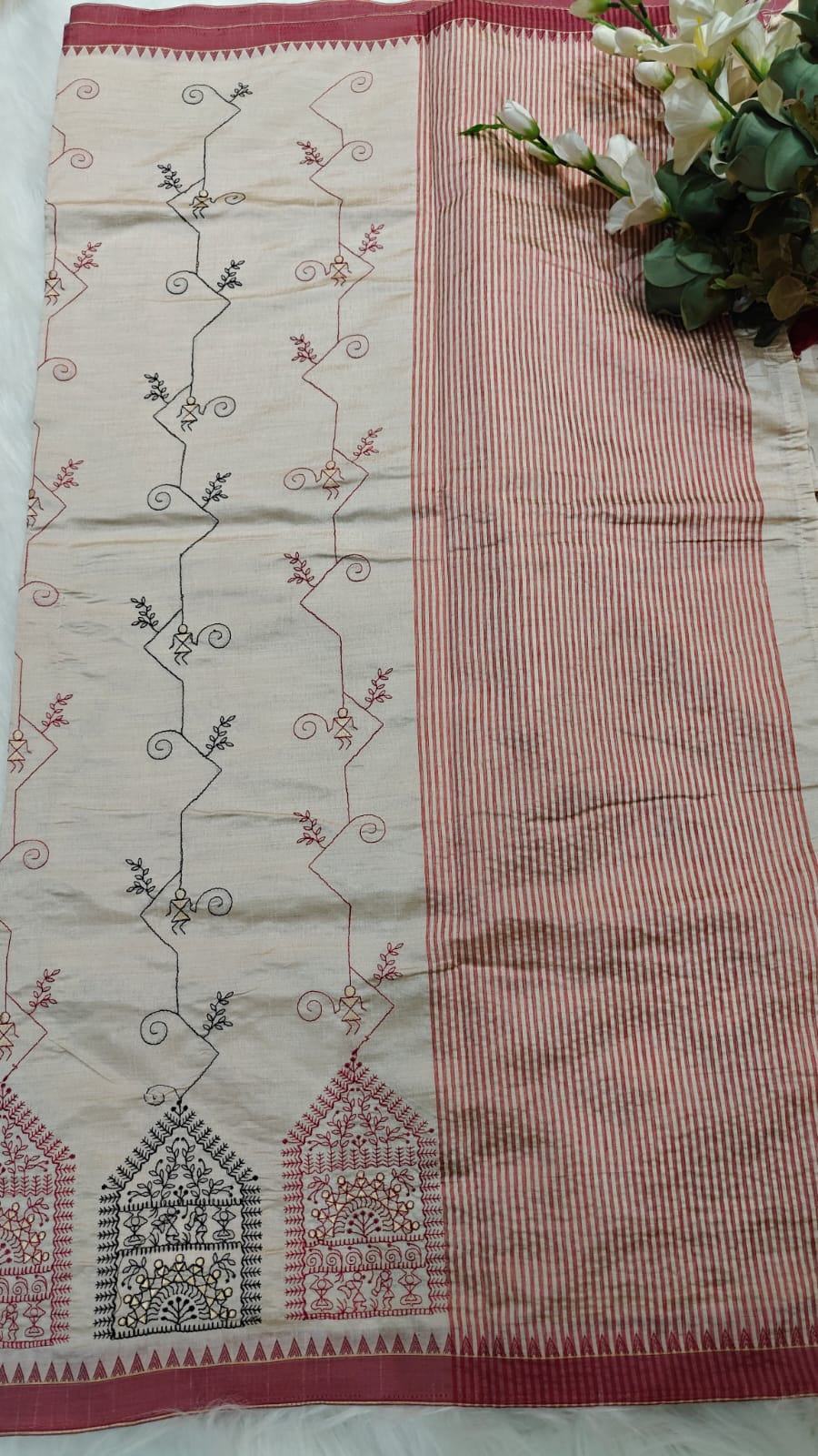Pearl White Semi Tussar Silk With Red & Black Kantha Embroidery Work