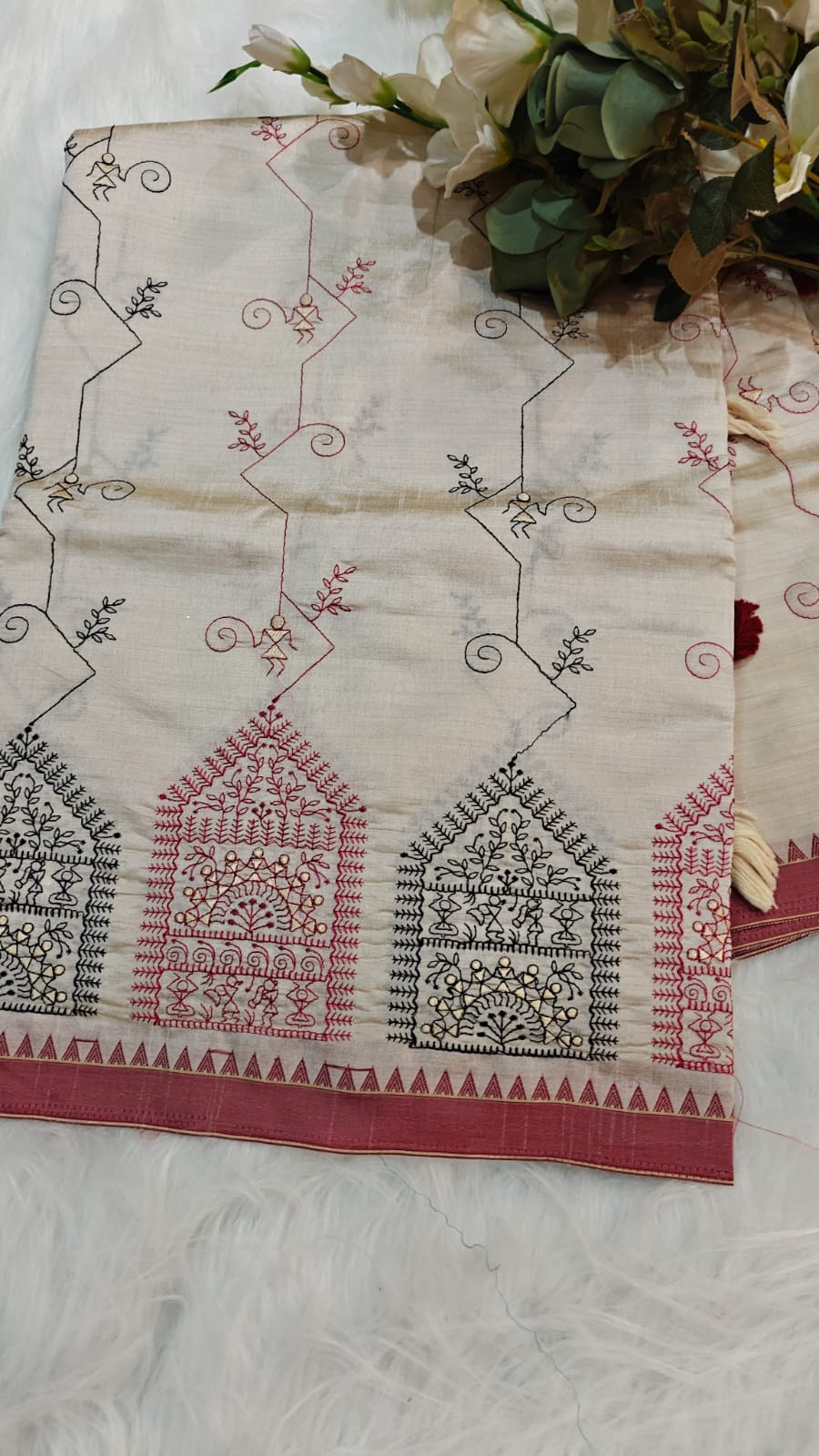 Pearl White Semi Tussar Silk With Red & Black Kantha Embroidery Work