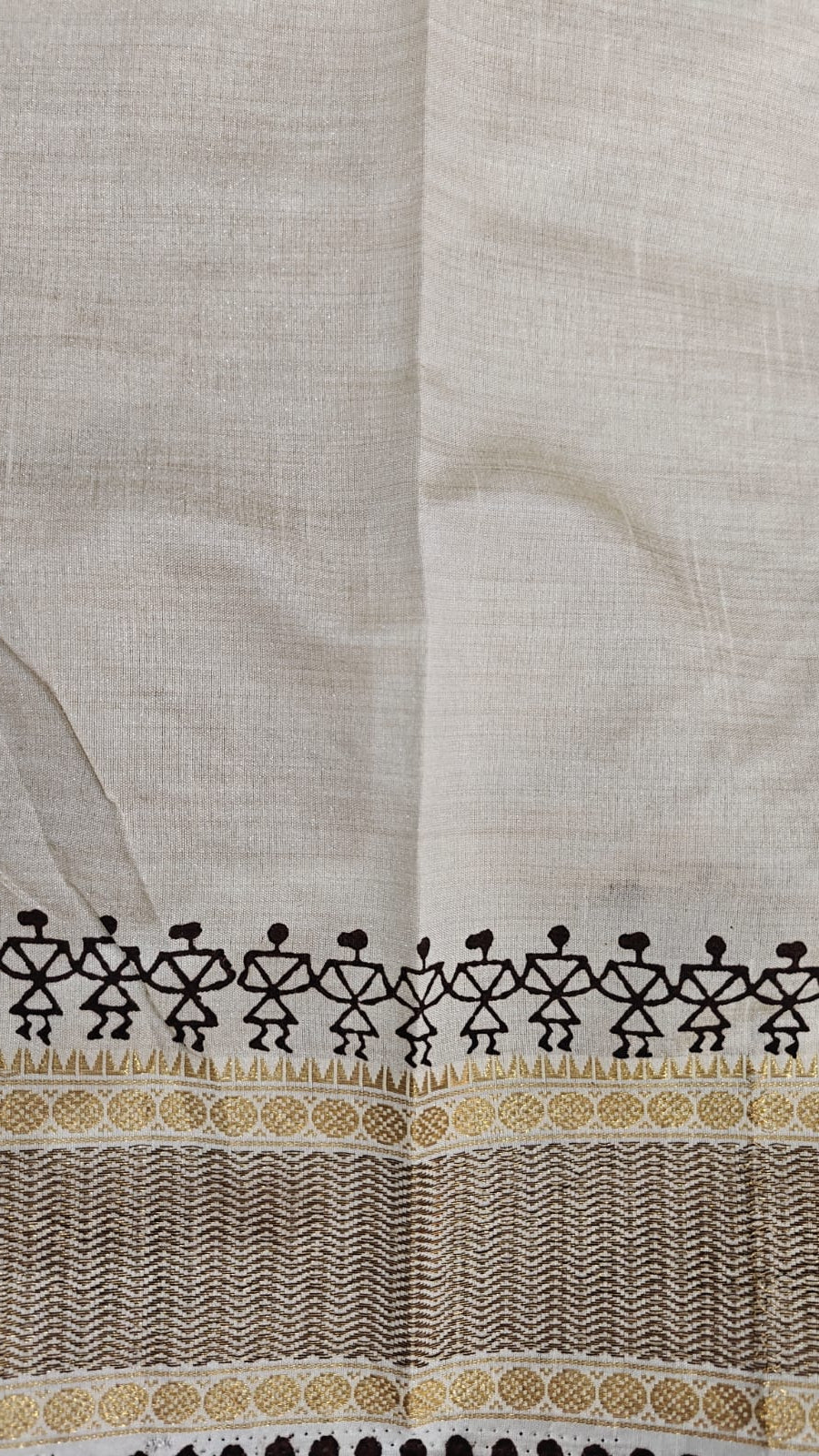 Pearl White Semi Tussar Silk With Black & Gold Zari Kantha Embroidery Work