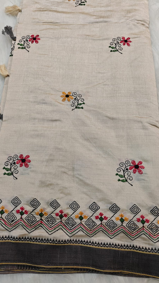 Off White Semi Tussar Silk With Red Yellow & Black Kantha Embroidery Work