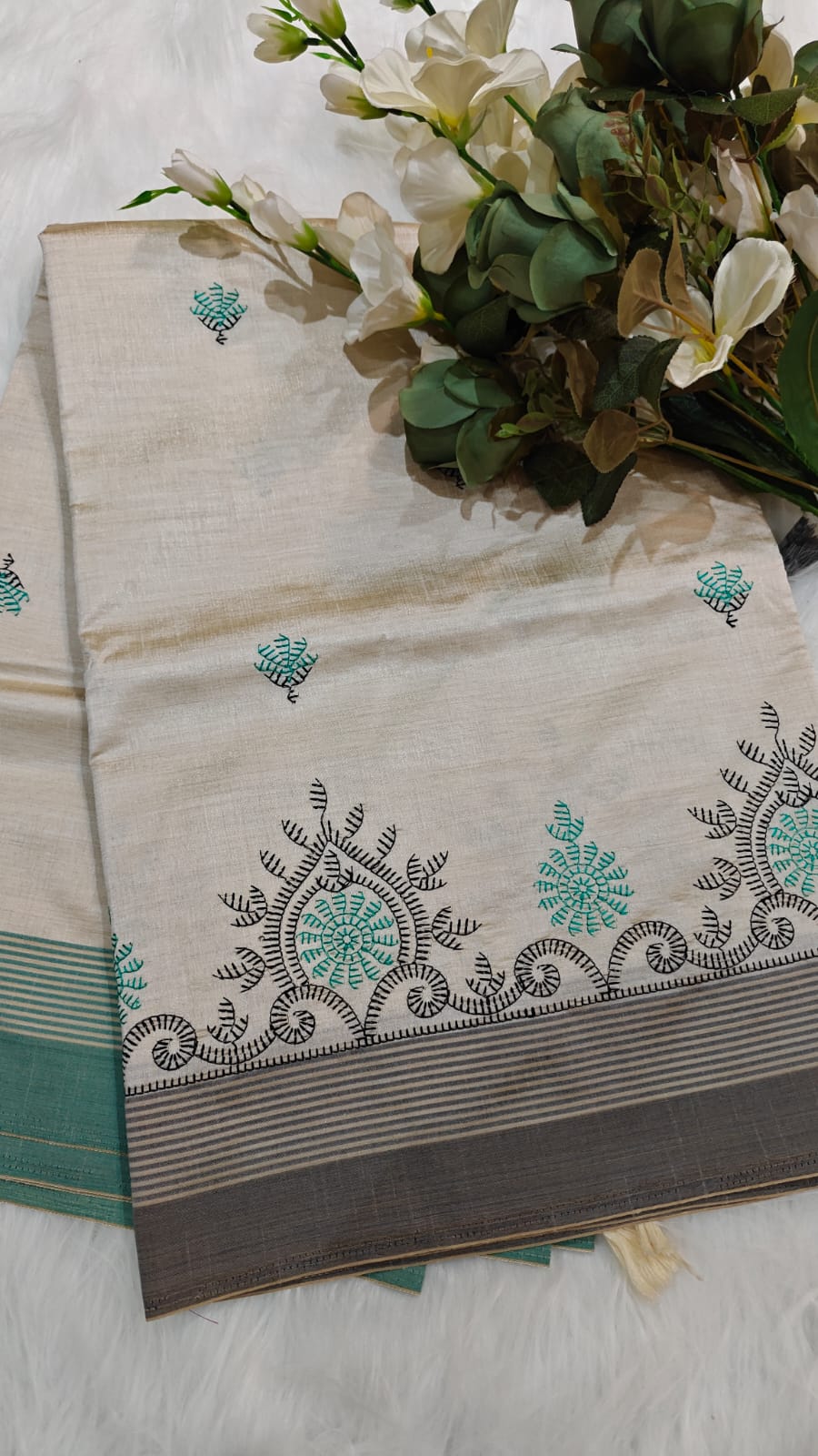 Pearl White Semi Tussar Silk With Peacock Green & Black Kantha Embroidery Work
