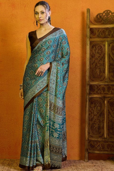 Peacock Blue & Brown Semi Modal Satin Silk With Ajrak Digital Printing