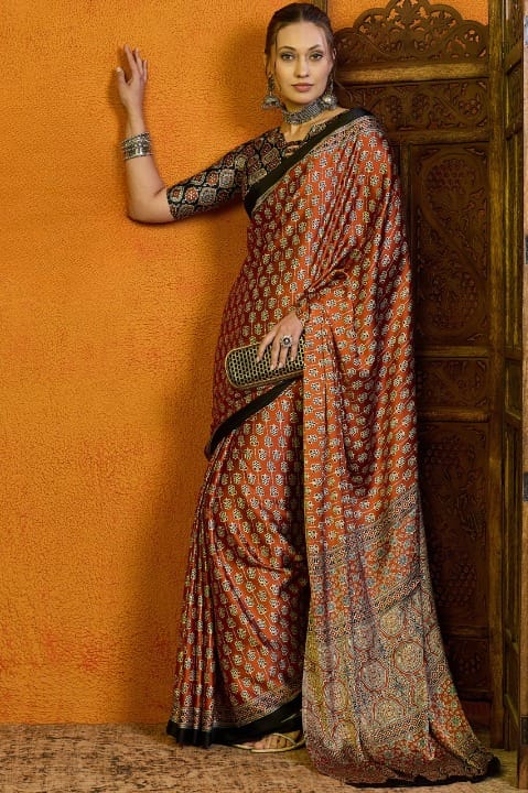Rust Orange & Black Semi Modal Satin Silk With Ajrak Digital Printing