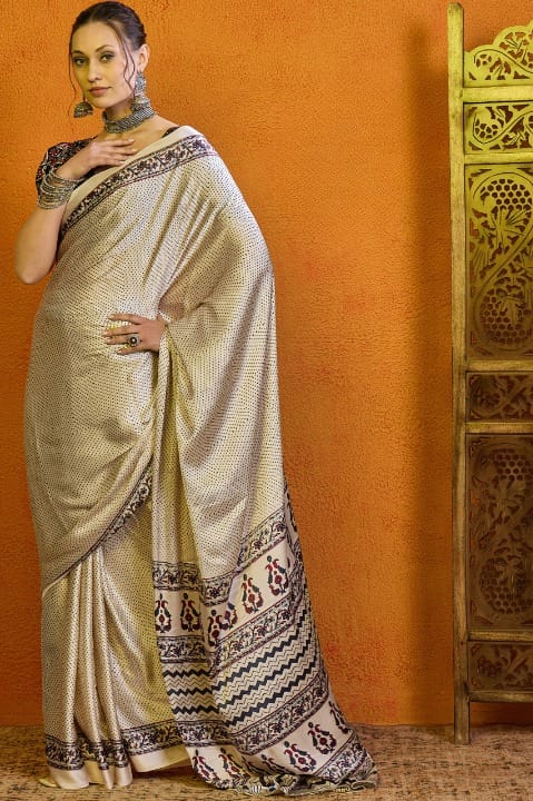 Off White Modal Satin Silk With Polka Dots Ajrak Digital Printing