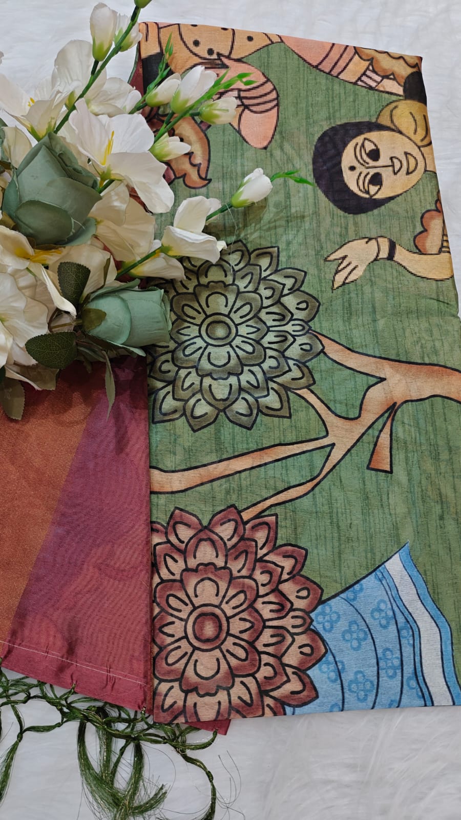 Kosa Semi Silk Saree Green And Maroon With Madhubhani Digital