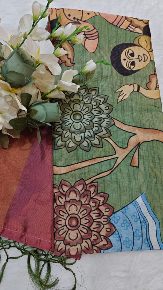 Kosa Semi Silk Saree Green And Maroon With Madhubhani Digital