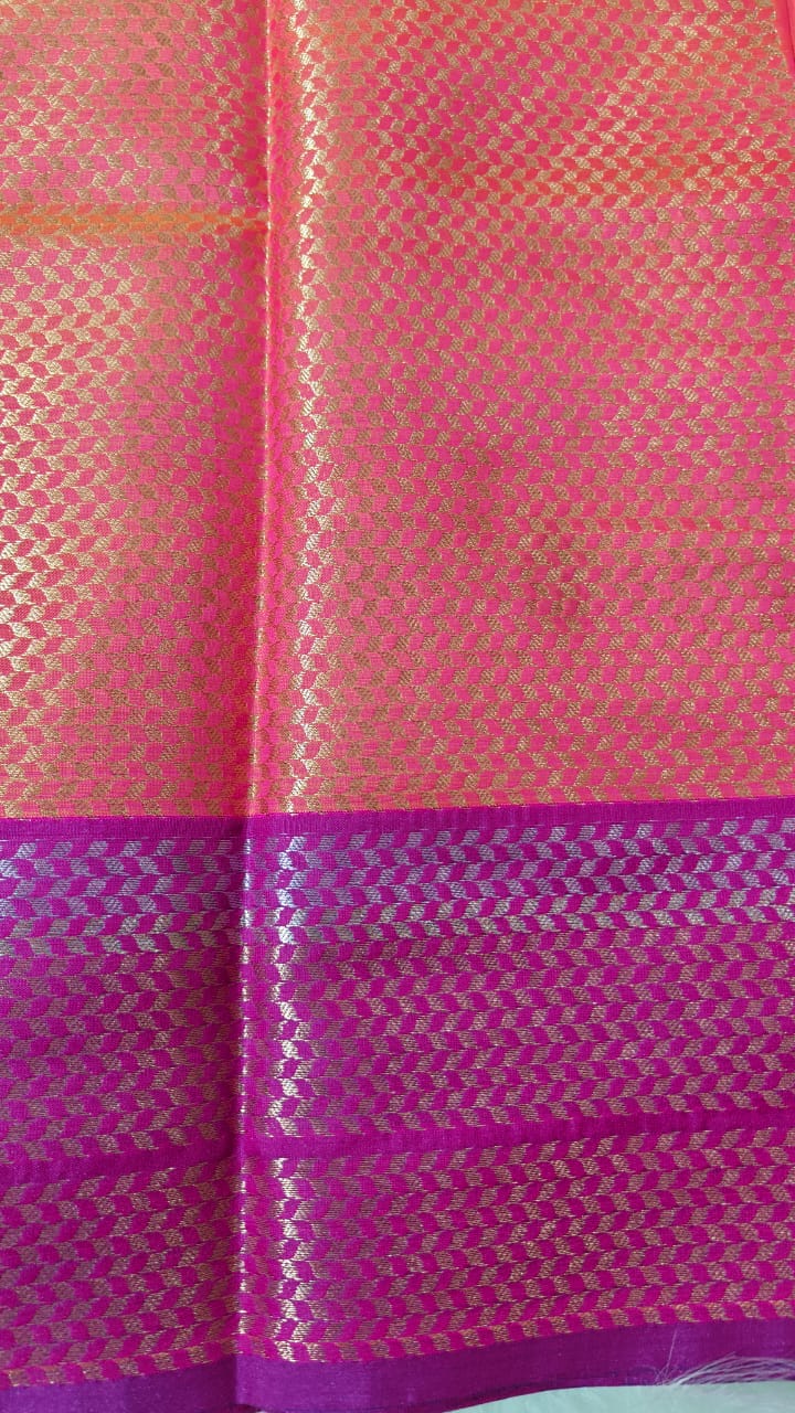 Banarasi Semi Soft Silk Saree Dual Shade Of Pink And Orange With Allover Zari Woven