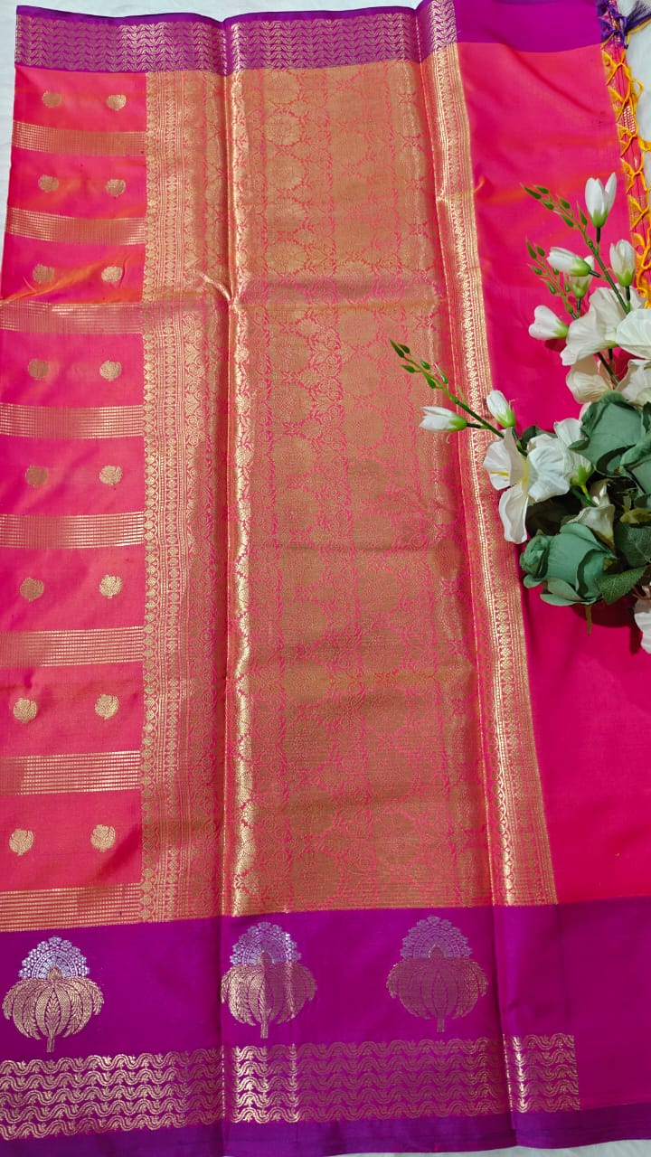 Banarasi Semi Soft Silk Saree Dual Shade Of Pink And Orange With Allover Zari Woven