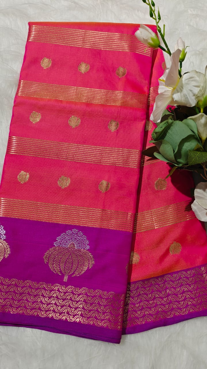 Banarasi Semi Soft Silk Saree Dual Shade Of Pink And Orange With Allover Zari Woven