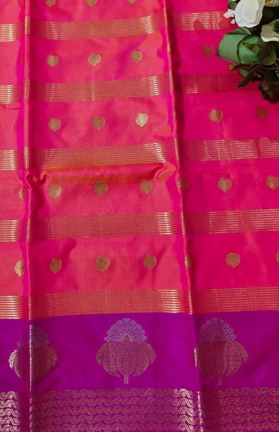 Banarasi Semi Soft Silk Saree Dual Shade Of Pink And Orange With Allover Zari Woven