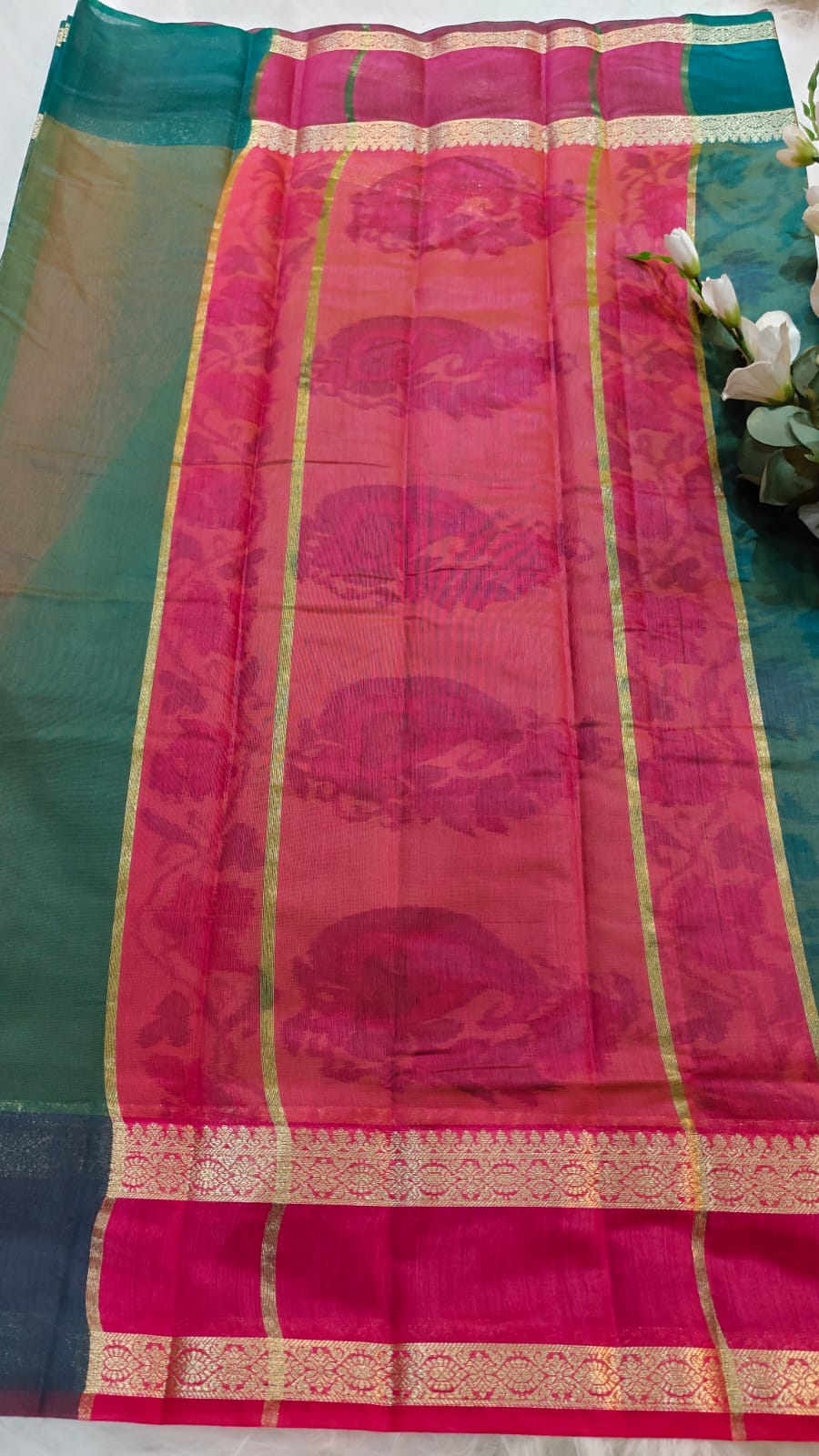 Pochampally Printed Allover Body with Gap Border and Ganga Jamuna Zari Design