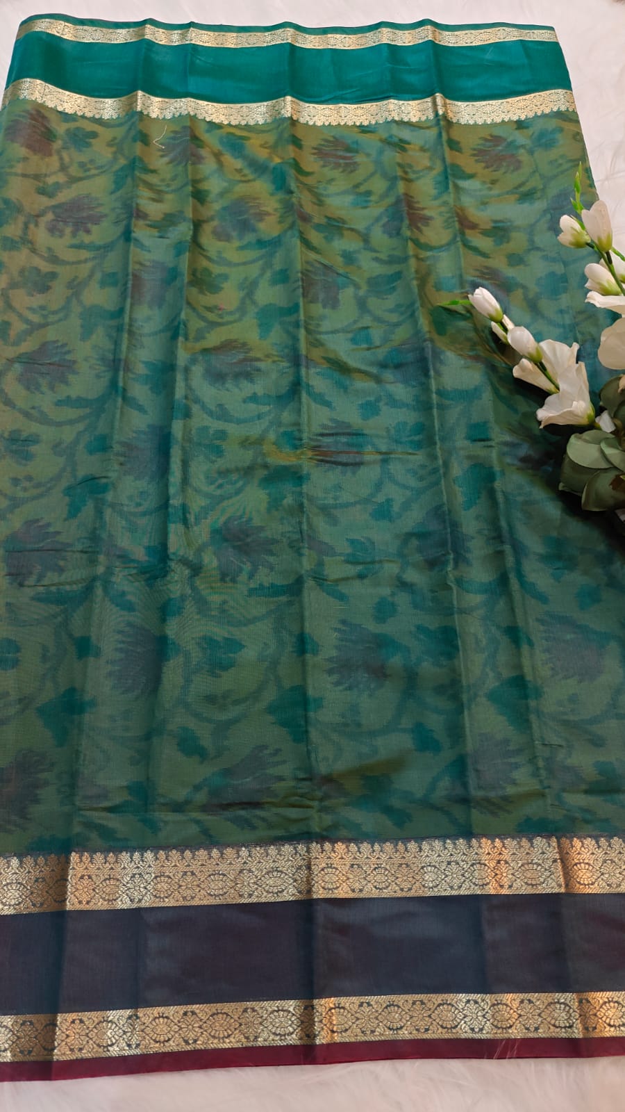 Pochampally Printed Allover Body with Gap Border and Ganga Jamuna Zari Design