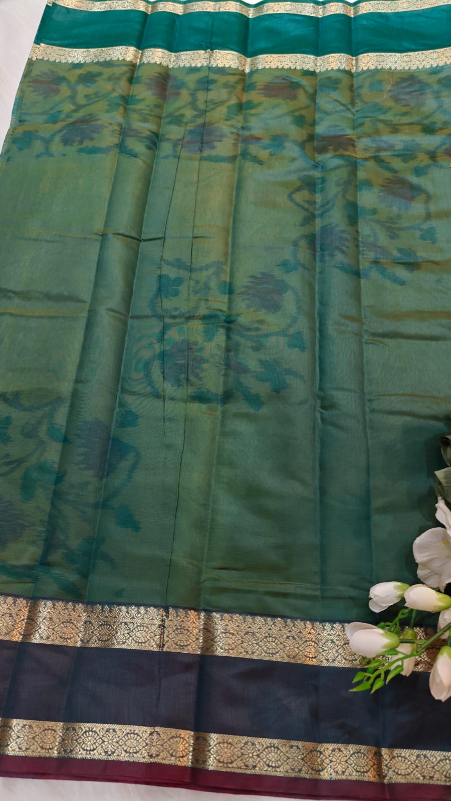 Pochampally Printed Allover Body with Gap Border and Ganga Jamuna Zari Design