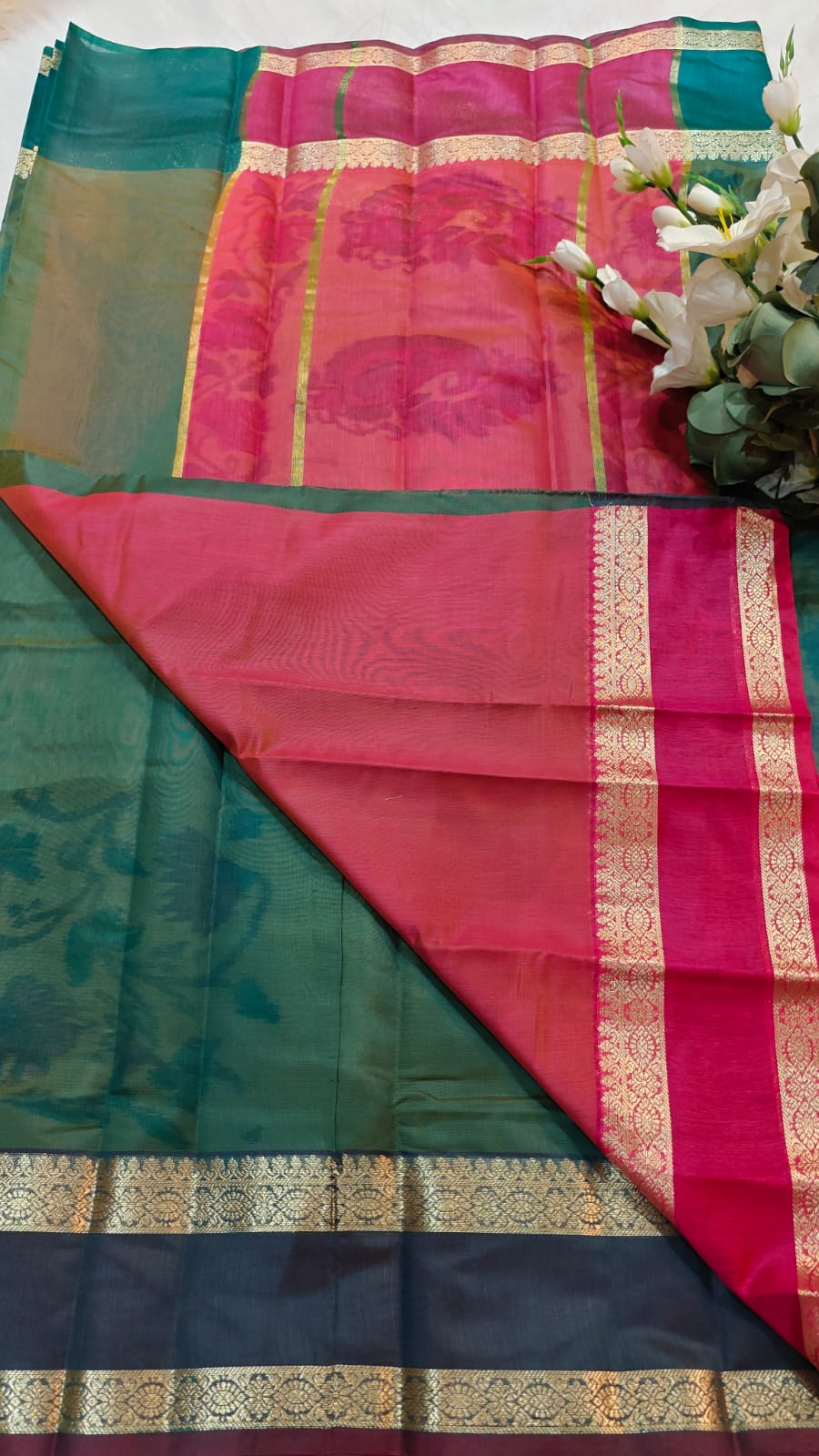 Pochampally Printed Allover Body with Gap Border and Ganga Jamuna Zari Design