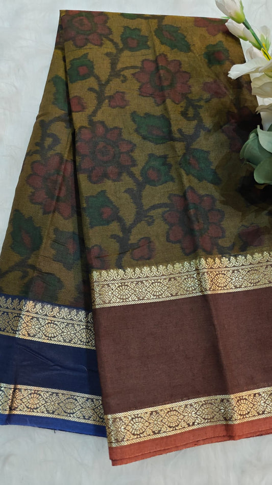 Pochampally Printed Allover Body with Gap Border and Ganga Jamuna Zari Design