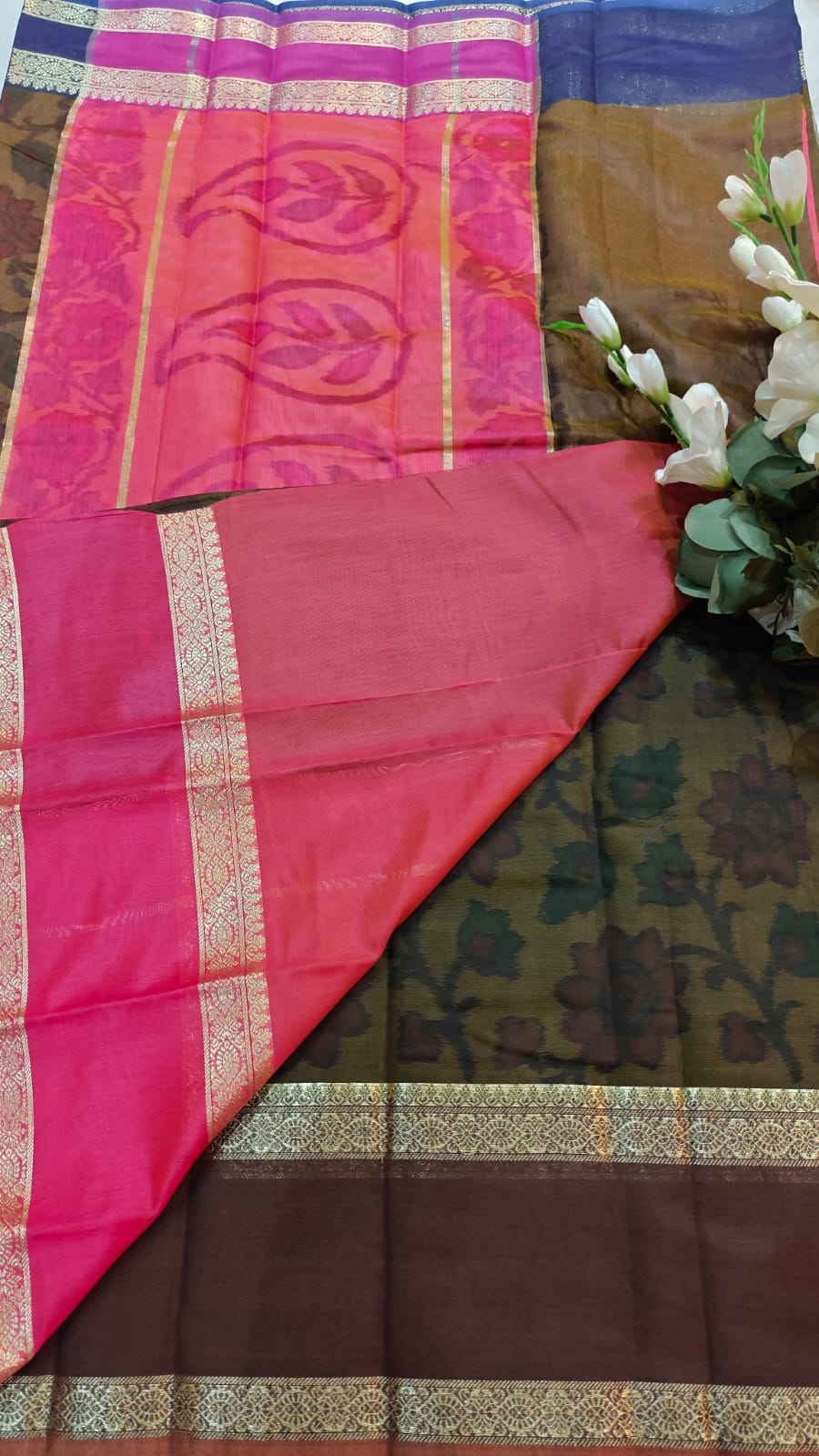 Pochampally Printed Allover Body with Gap Border and Ganga Jamuna Zari Design