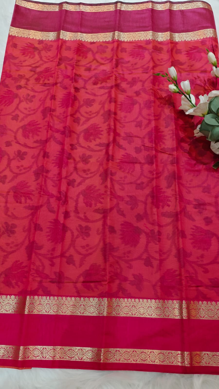 Pochampally Printed Allover Body with Gap Border and Ganga Jamuna Zari Design