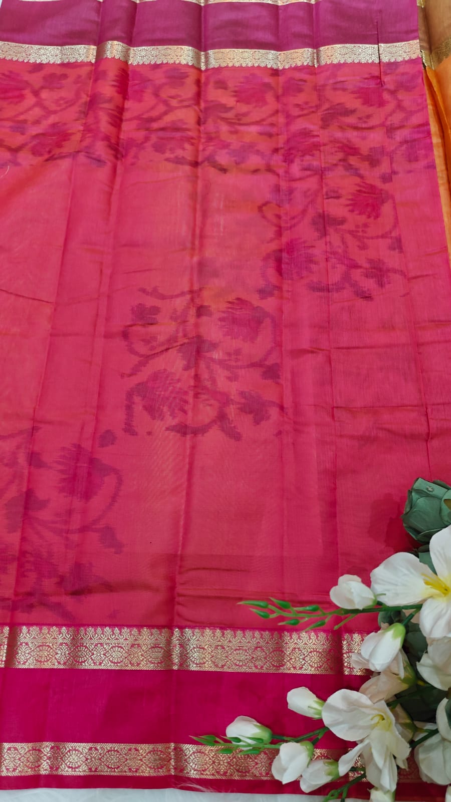 Pochampally Printed Allover Body with Gap Border and Ganga Jamuna Zari Design