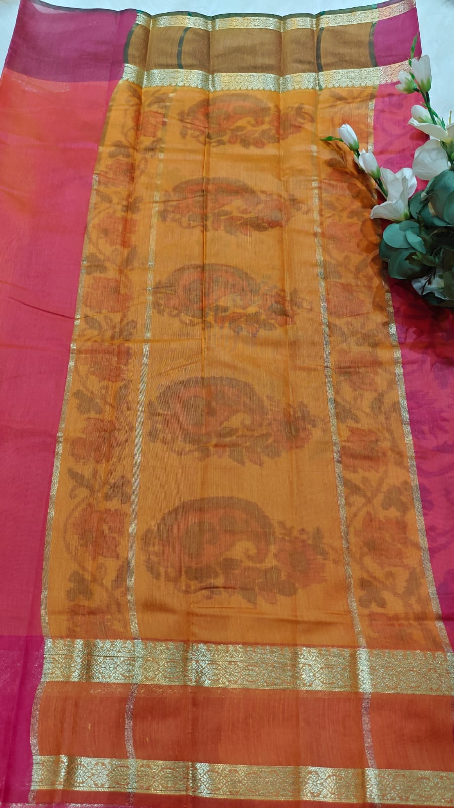 Pochampally Printed Allover Body with Gap Border and Ganga Jamuna Zari Design