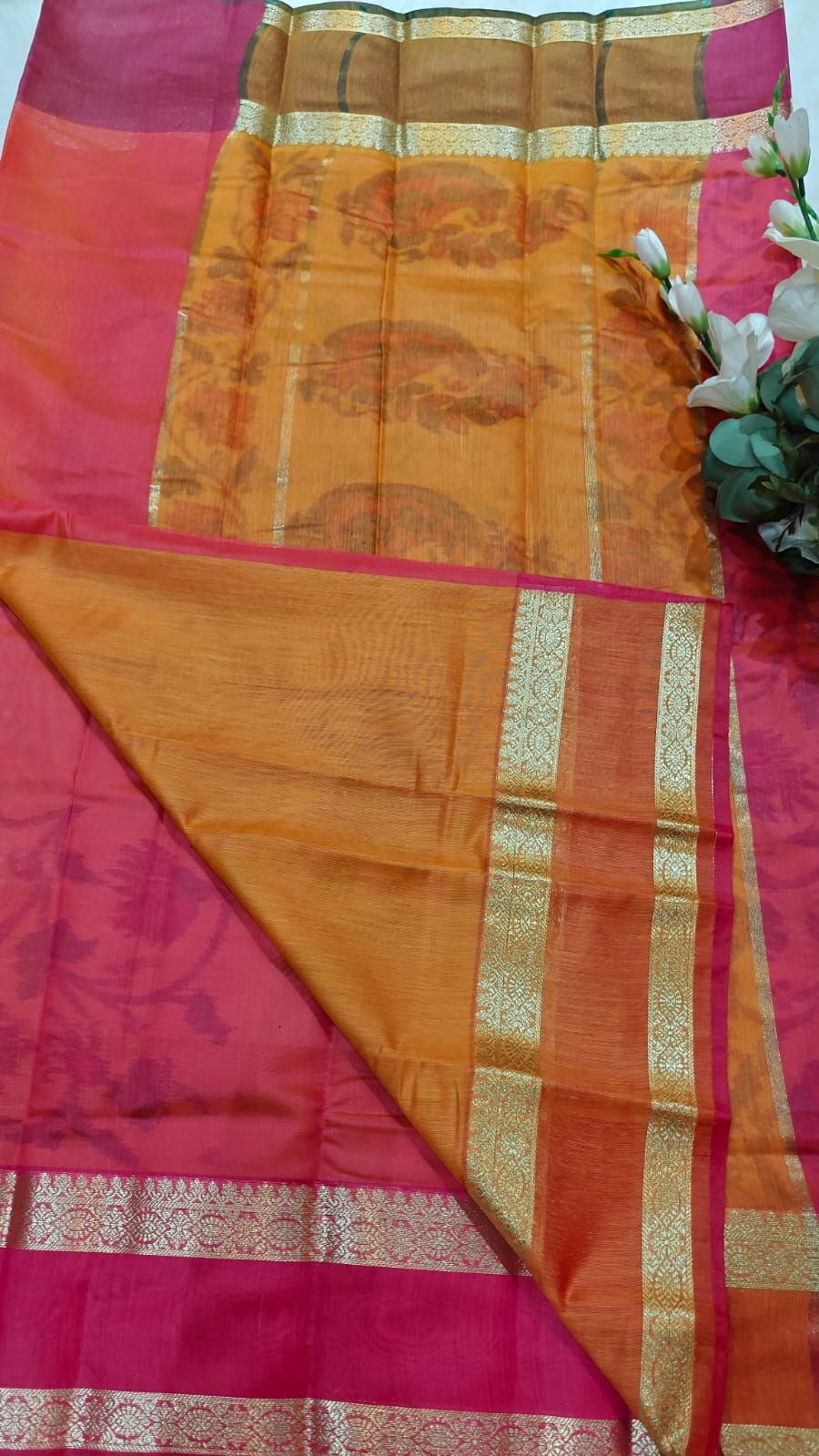 Pochampally Printed Allover Body with Gap Border and Ganga Jamuna Zari Design