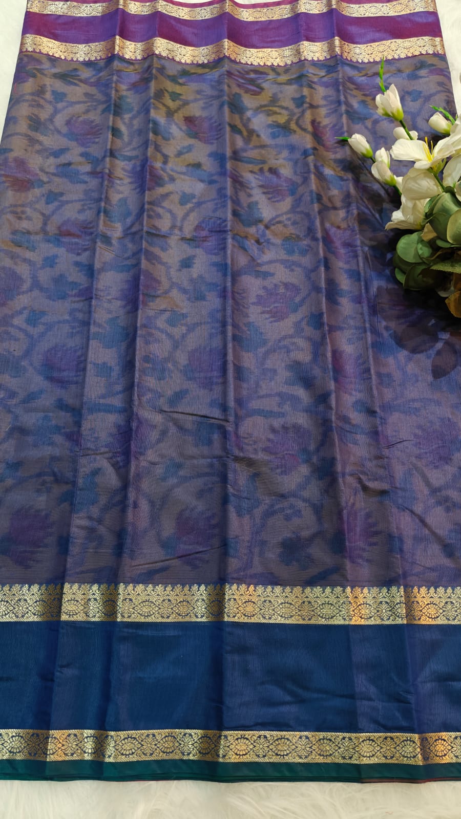 Pochampally Printed Allover Body with Gap Border and Ganga Jamuna Zari Design