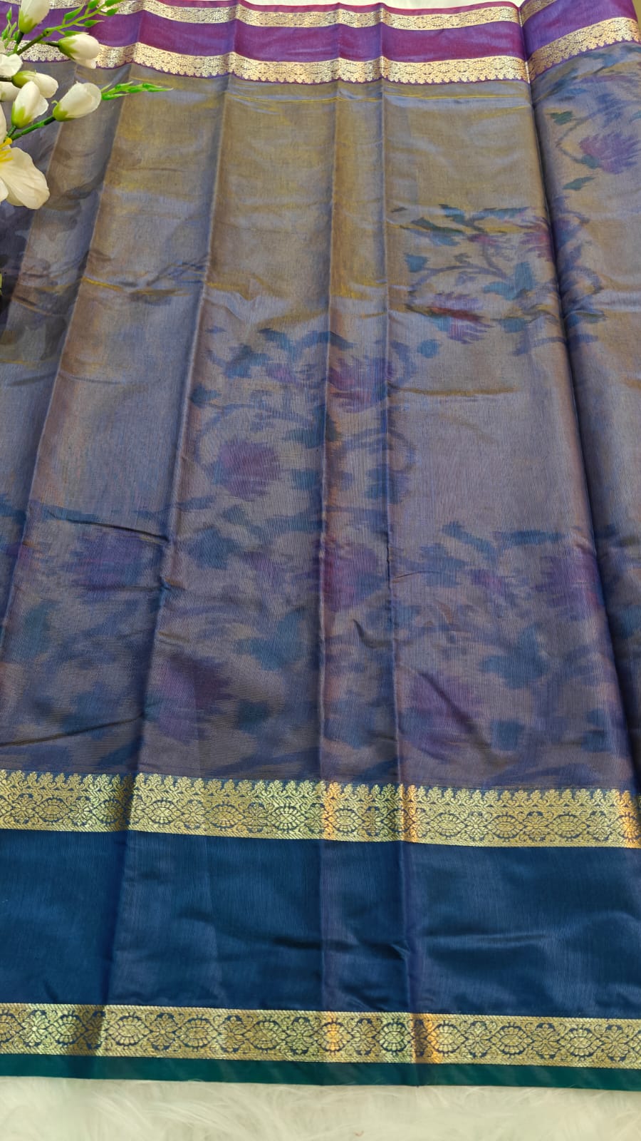 Pochampally Printed Allover Body with Gap Border and Ganga Jamuna Zari Design