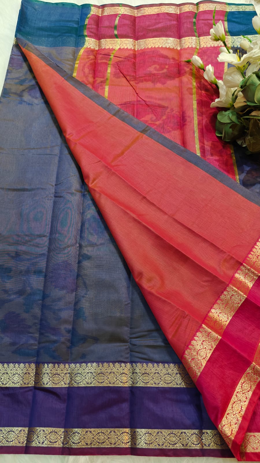 Pochampally Printed Allover Body with Gap Border and Ganga Jamuna Zari Design