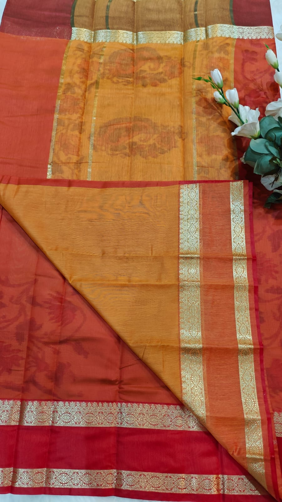 Pochampally Printed Allover Body with Gap Border and Ganga Jamuna Zari Design