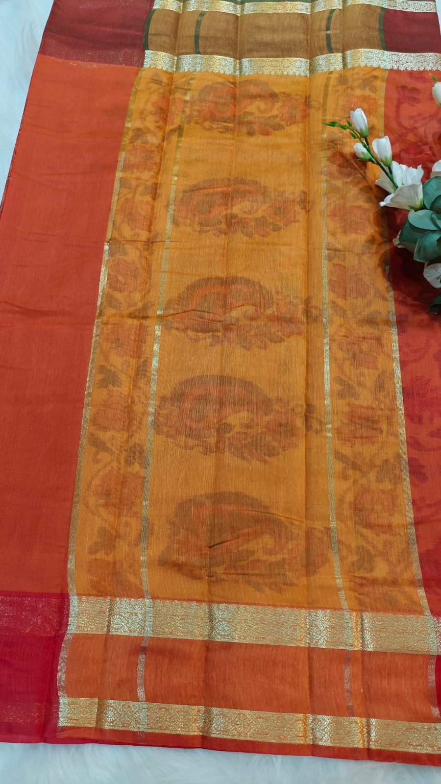 Pochampally Printed Allover Body with Gap Border and Ganga Jamuna Zari Design