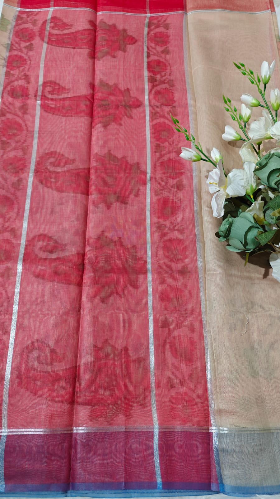 Beige - Ikkat Pochampally Printed Allover Body With Ganga Jamuna Border