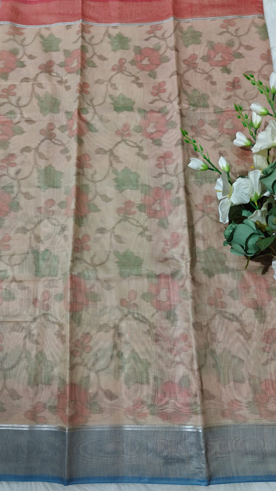 Beige - Ikkat Pochampally Printed Allover Body With Ganga Jamuna Border