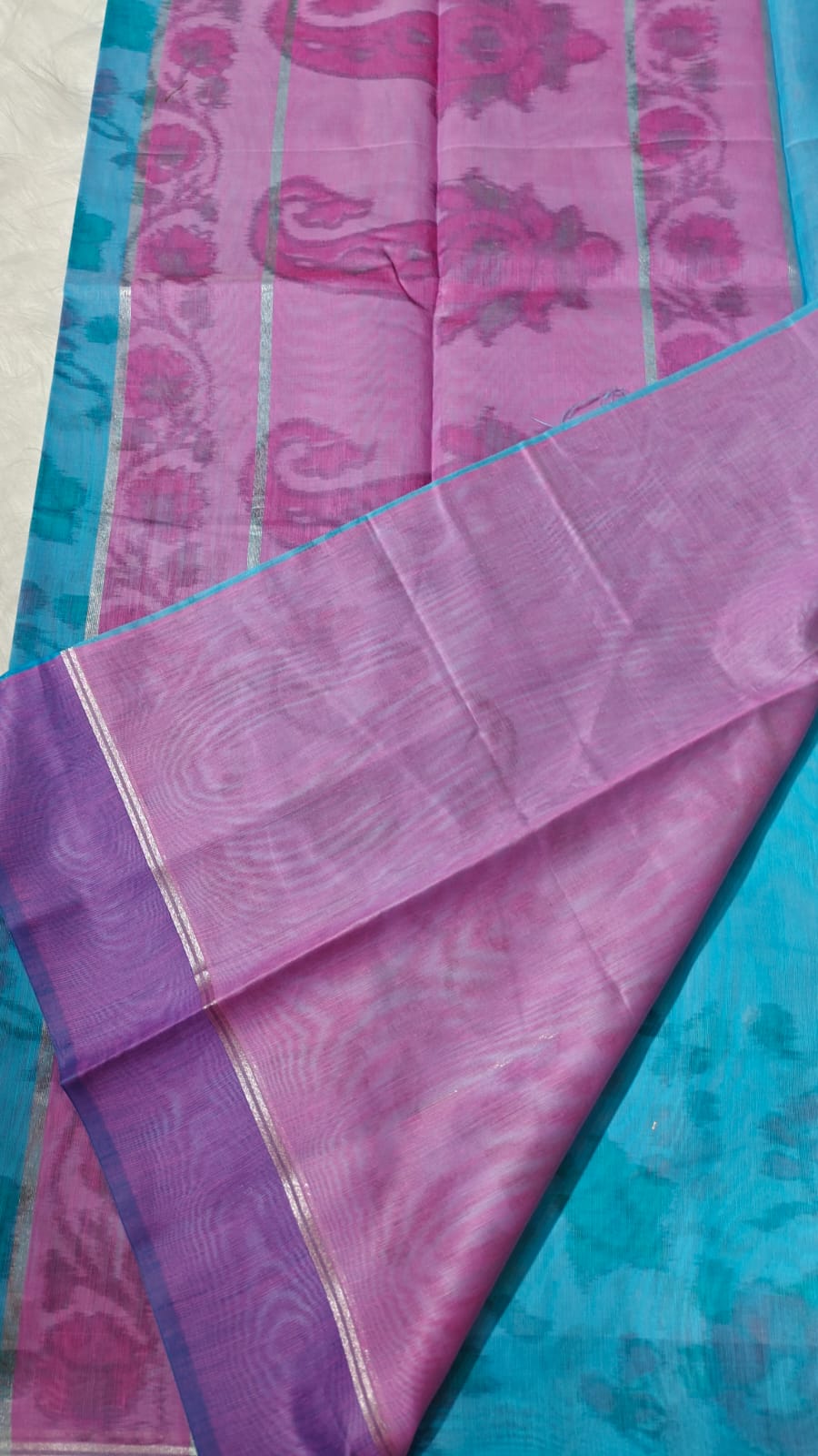 Blue - Ikkat Pochampally Printed Allover Body With Ganga Jamuna Border