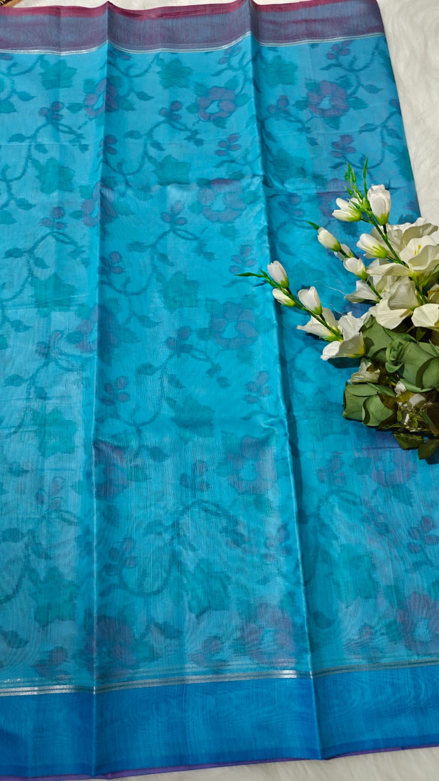 Blue - Ikkat Pochampally Printed Allover Body With Ganga Jamuna Border