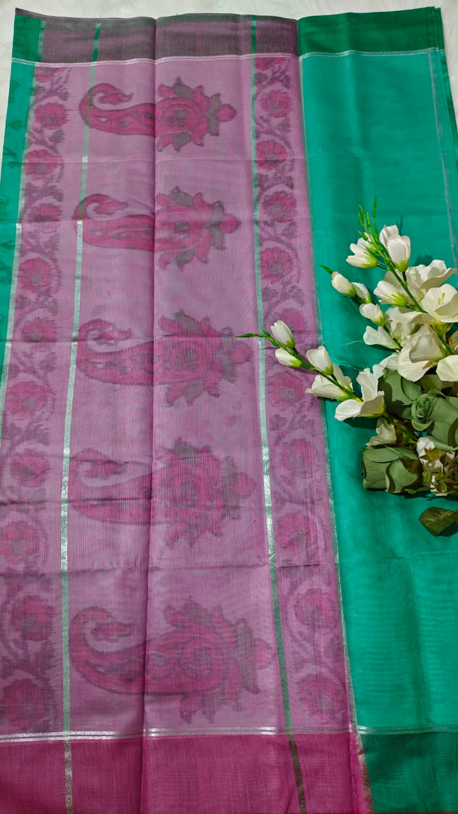 Green - Ikkat Pochampally Printed Allover Body With Ganga Jamuna Border