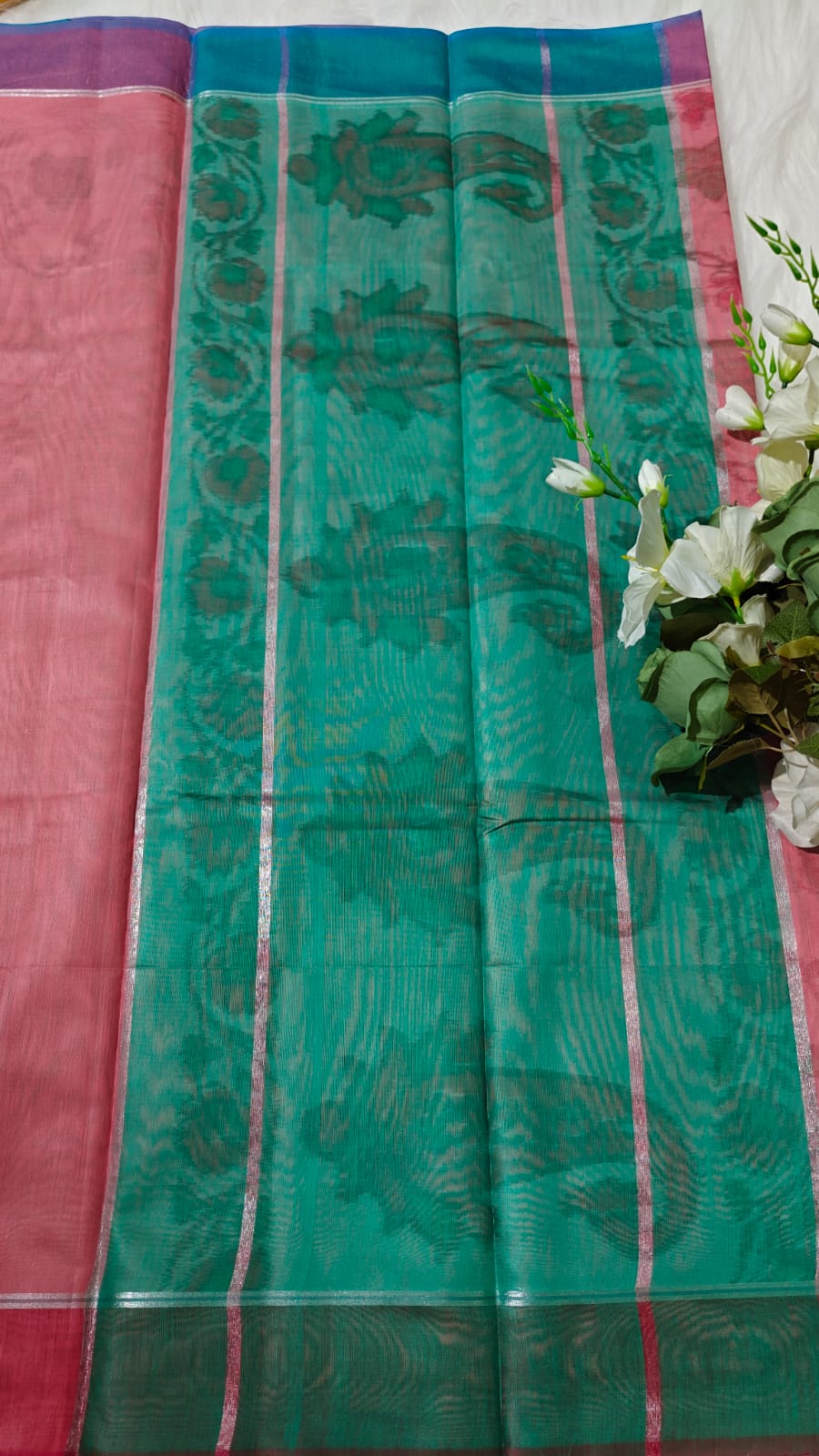 Peach - Ikkat Pochampally Printed Allover Body With Ganga Jamuna Border