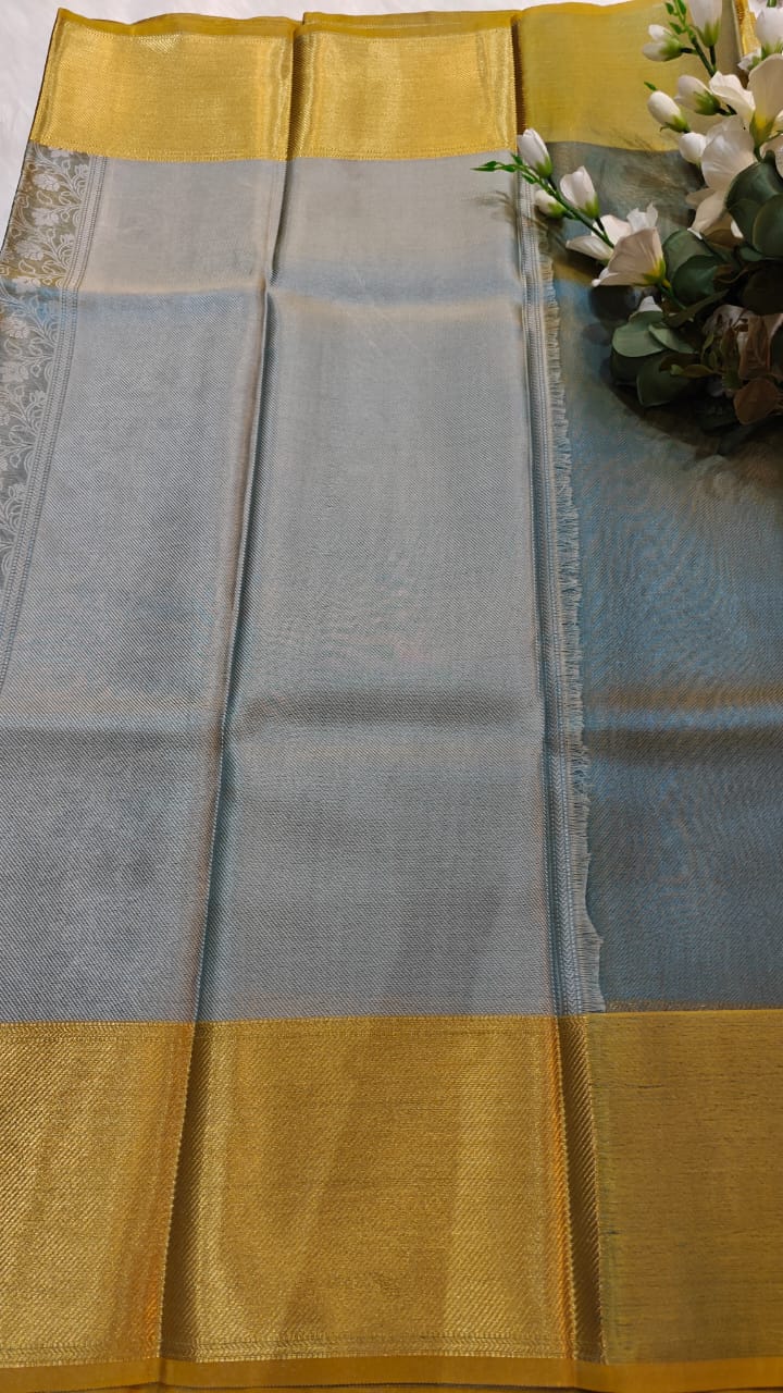 Metallic Blue - Semi Kanjipuram Glass Tissue Saree With Chikankari Pattern Zari Weaving