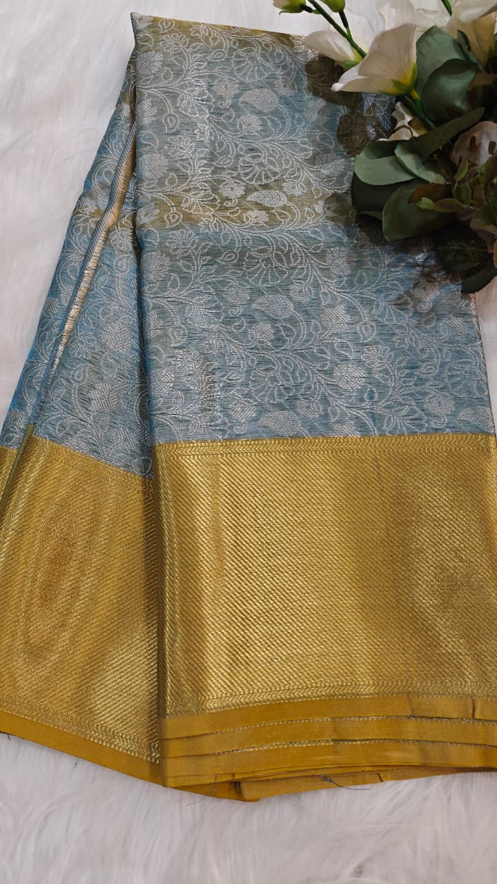 Metallic Blue - Semi Kanjipuram Glass Tissue Saree With Chikankari Pattern Zari Weaving