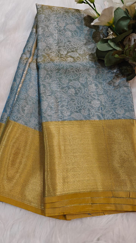 Metallic Blue - Semi Kanjipuram Glass Tissue Saree With Chikankari Pattern Zari Weaving