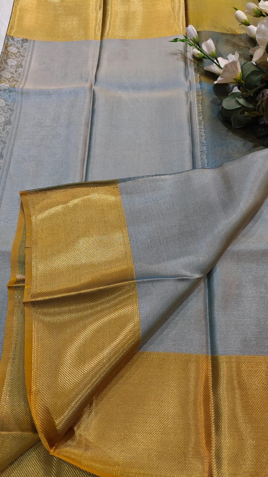 Metallic Blue - Semi Kanjipuram Glass Tissue Saree With Chikankari Pattern Zari Weaving