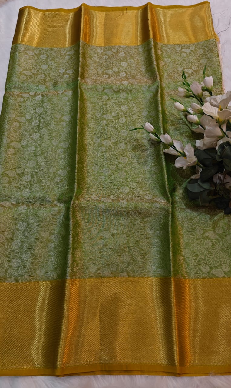 Metallic Green - Semi Kanjipuram Glass Tissue Saree With Chikankari Pattern Zari Weaving