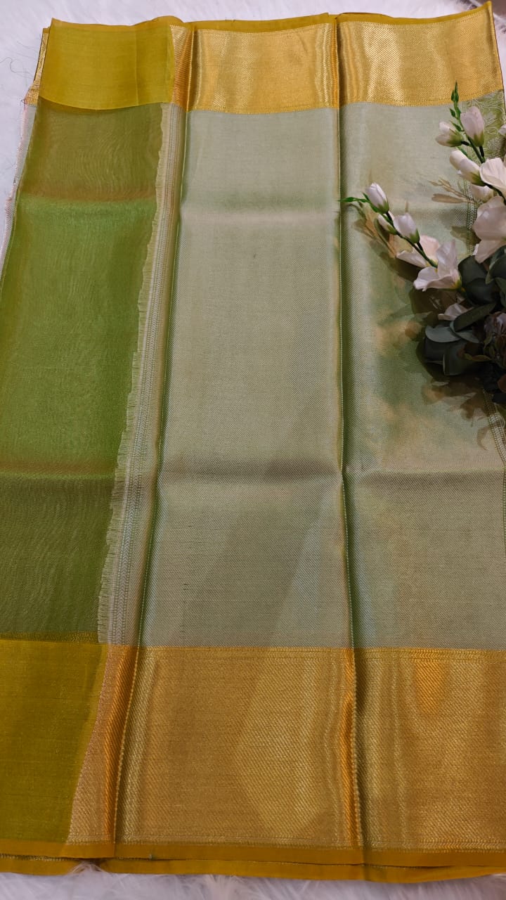Metallic Green - Semi Kanjipuram Glass Tissue Saree With Chikankari Pattern Zari Weaving