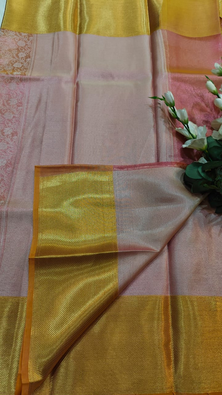 Metallic Pink - Semi Kanjipuram Glass Tissue Saree With Chikankari Pattern Zari Weaving
