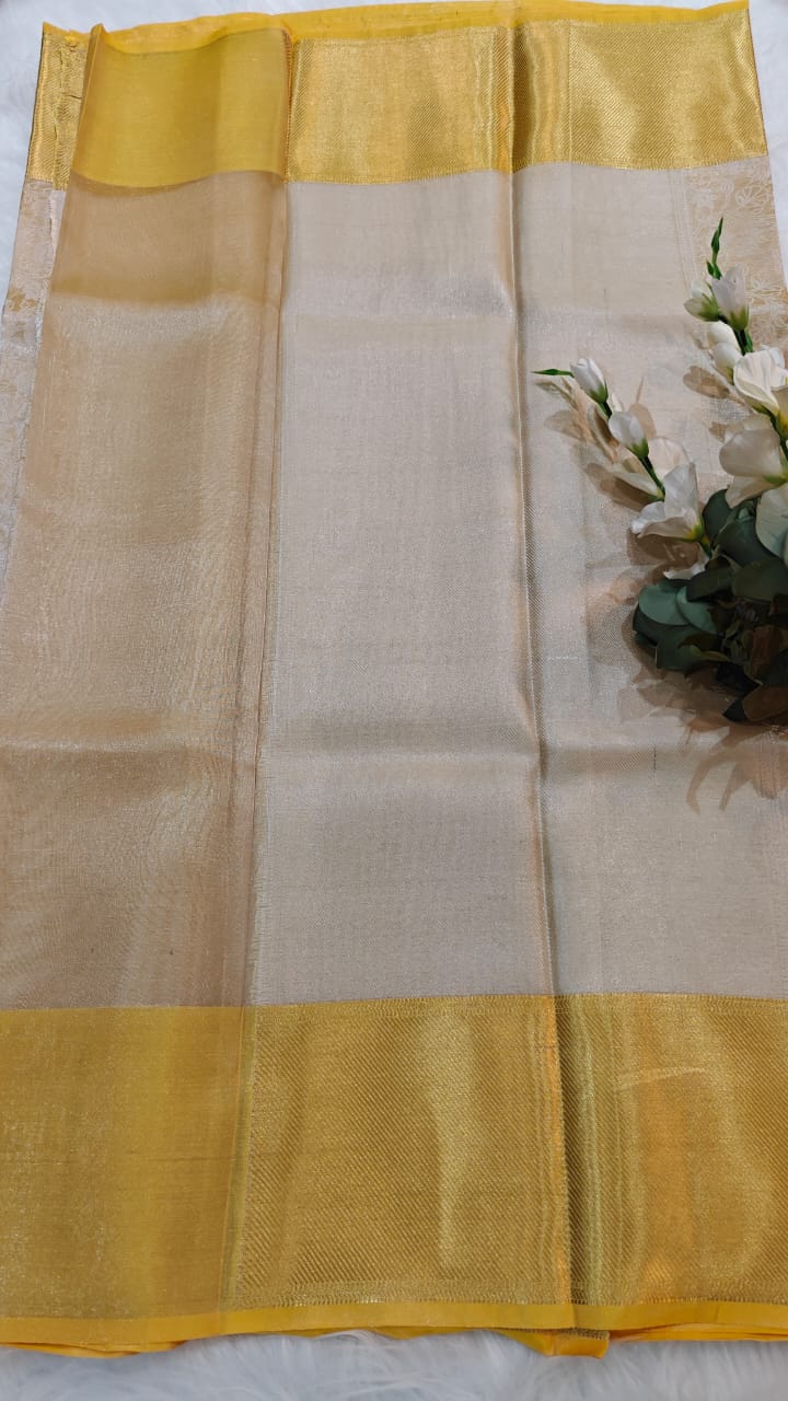 Off White - Semi Kanjipuram Glass Tissue Saree With Chikankari Pattern Zari Weaving